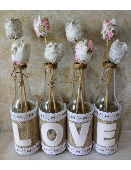(R$10,00) Conjunto 4 Garrafas Palavra Love + Flor Tecido